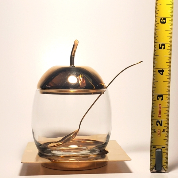 24k Gold Plated Vtg Glass Sugar Bowl with Spoon & Tray Apple Stem Lid Brass MCM - Picture 7 of 11
